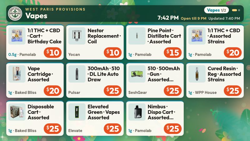 Bright Cards menu board showing West Paris Provisions vape products with photos and prices