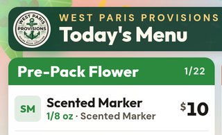 West Paris Provisions TV board header and Pre-Pack Flower column, built from the live catalog