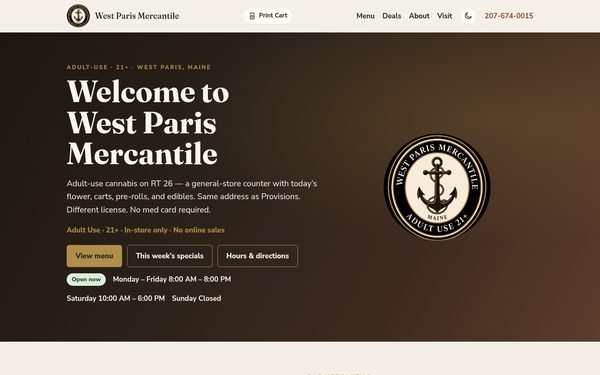 West Paris Mercantile website, powered by PotLuck Inventory